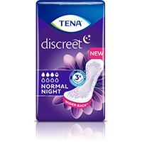 Eine Abbildung einer TENA Discreet Normal Night Inkontinenzeinlage vor einem blauen Hintergrund